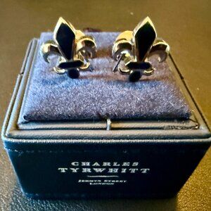 Charles Tyrwhitt Fleur-de-Lis Cufflinks Silver Tone w/ Black Enamel with Box